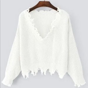 Zaful Loose Ripped V Neck Sweater - White